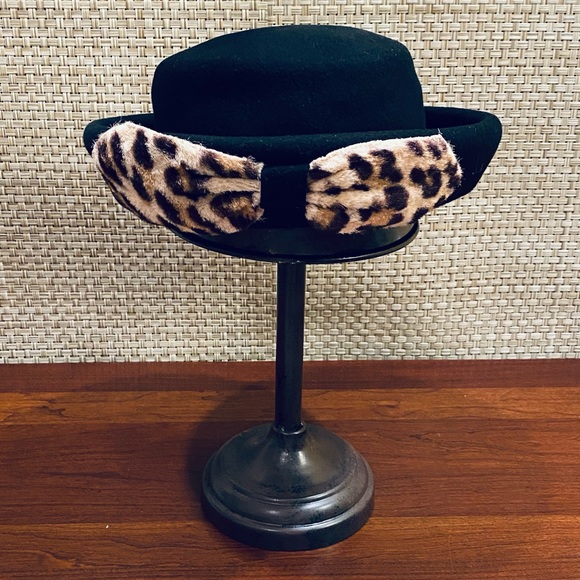 🌟2xHP🌟VTG 50s Fisk Black Wool & Leopard Print Bowler Hat - Picture 1 of 10